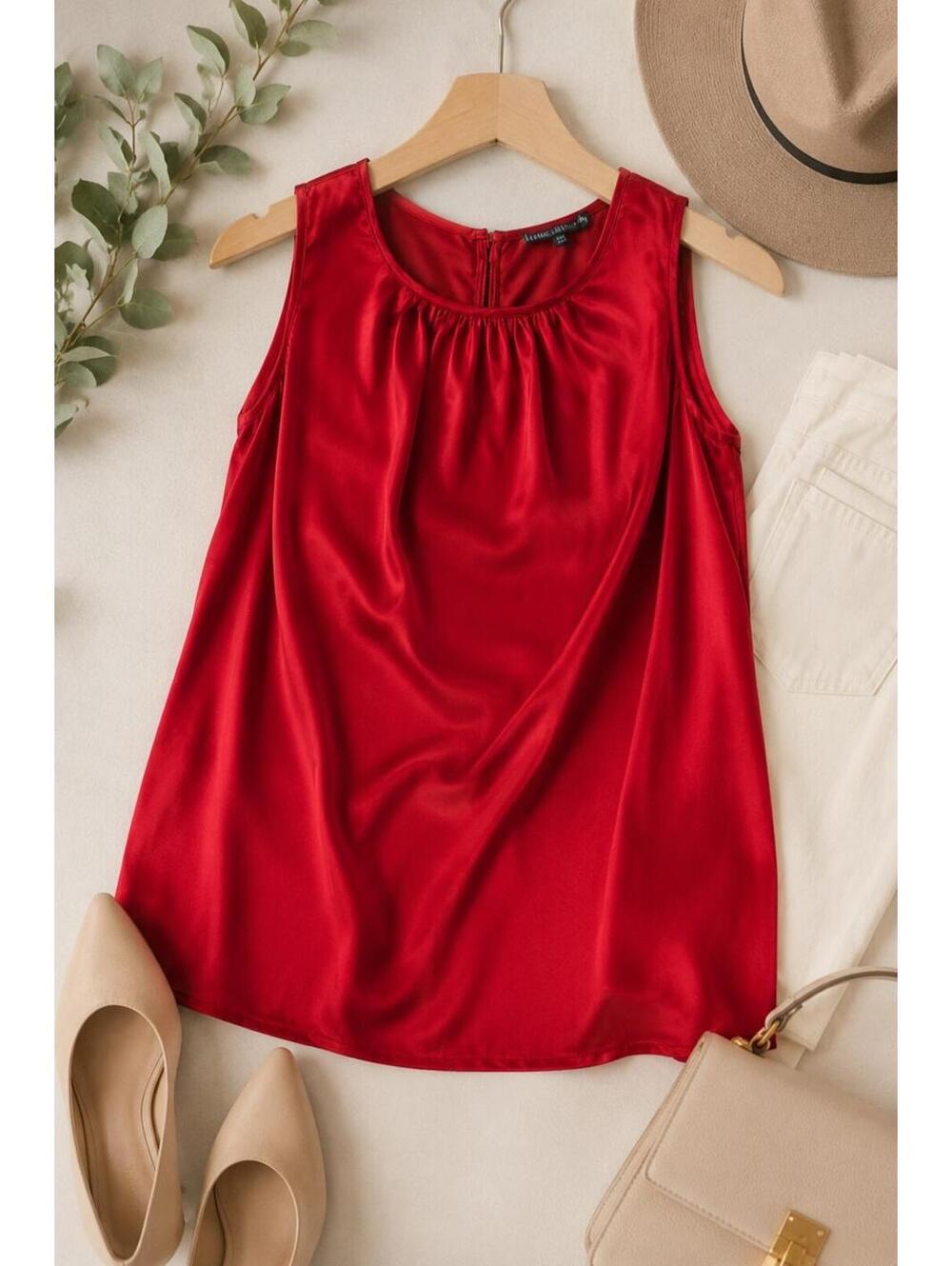 Lafayette 148 New York Red 100% Silk Sleeveless Blouse Top Size 8 Luxury